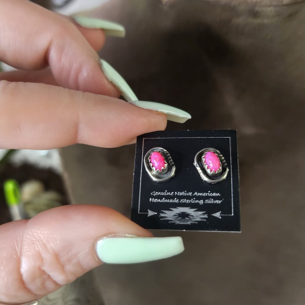 Sterling Silver Pink Aurora Opal Stud Earrings | Native | Handmade Southwestern - Thumbnail 2