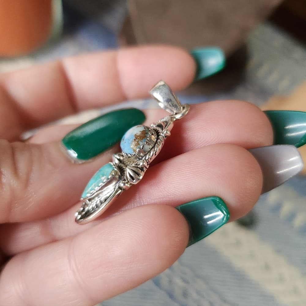 White Water + Golden Hills Turquoise Closed Back Sterling Silver Artisan Pendant - Thumbnail 3
