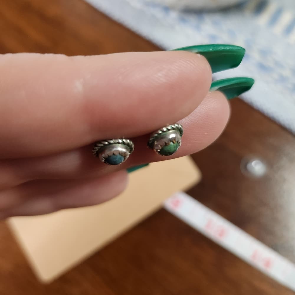 Vintage Sterling Silver Turquoise Green Blue Southwestern Rope Stud Earrings - Thumbnail 6
