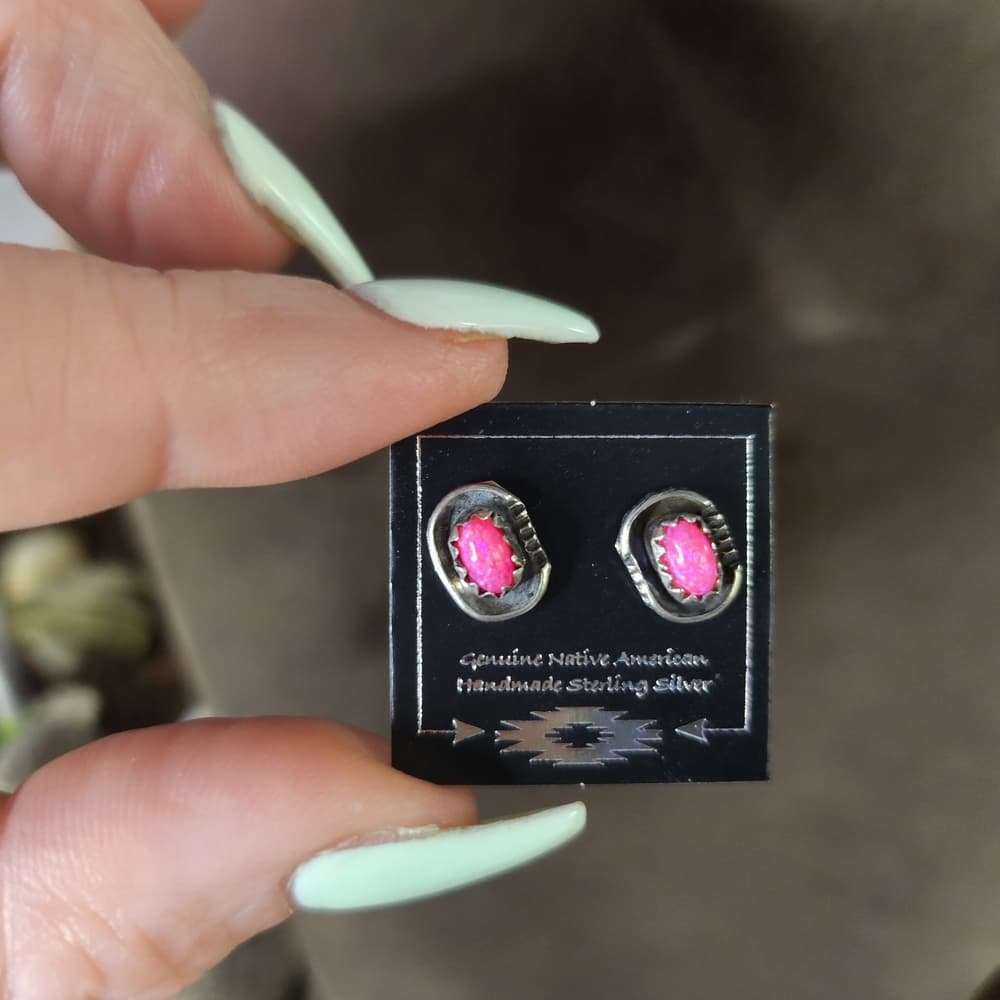 Sterling Silver Pink Aurora Opal Stud Earrings | Native | Handmade Southwestern