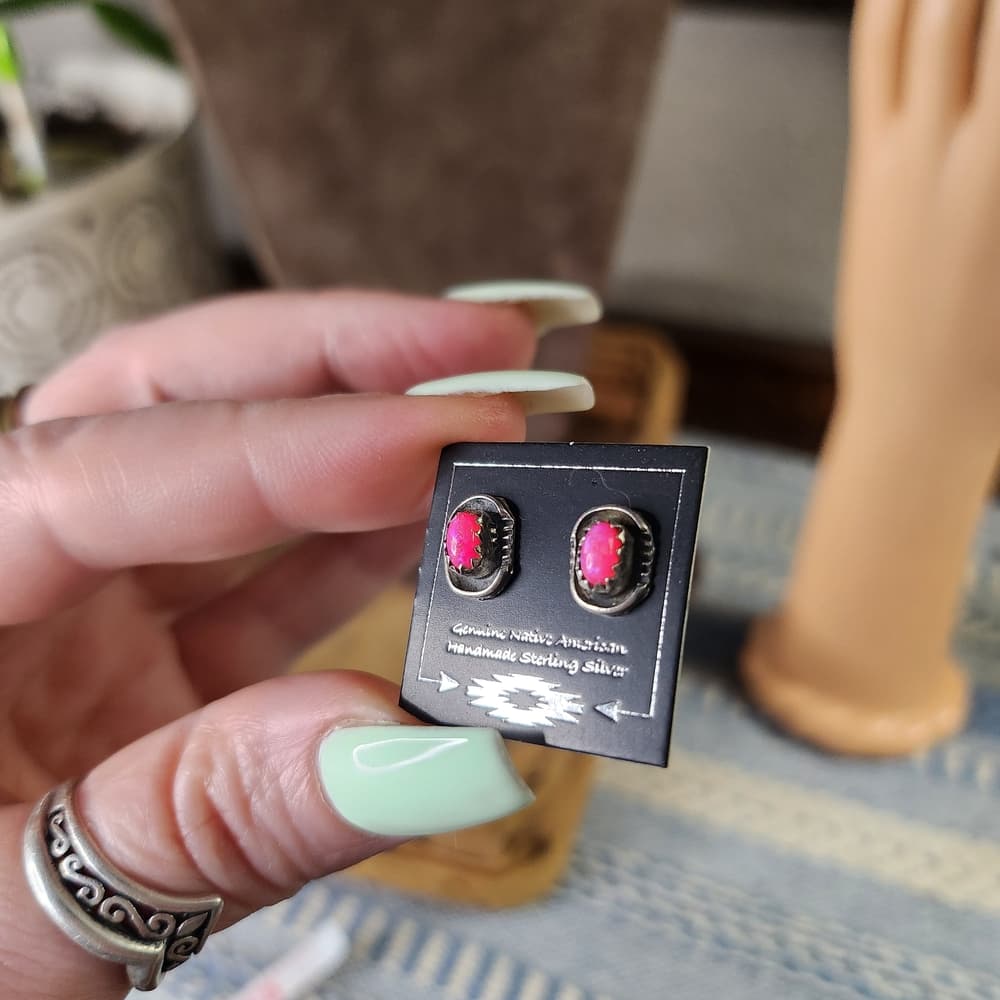 Sterling Silver Pink Aurora Opal Stud Earrings | Native | Handmade Southwestern - Thumbnail 7