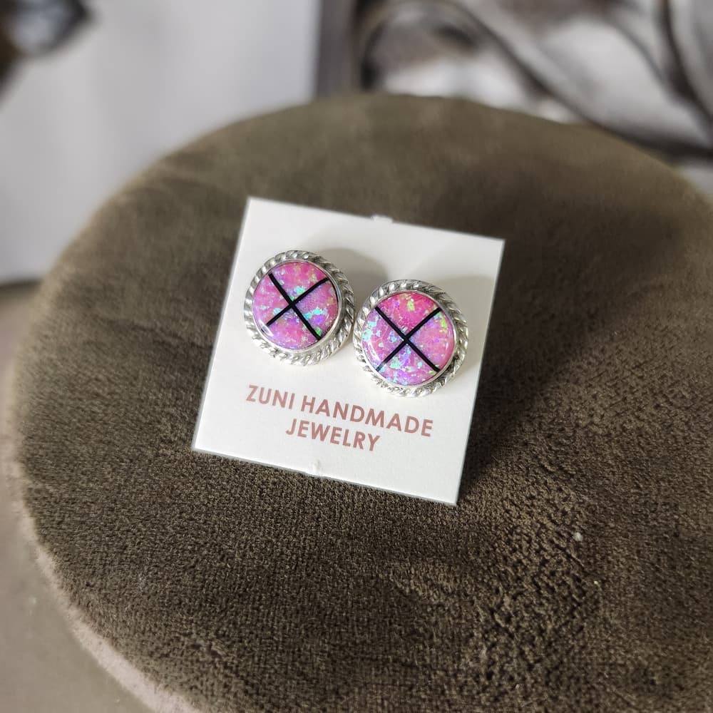 Zuni Handmade Pink Opal Inlay Stud Earrings | Sterling Silver | Southwestern