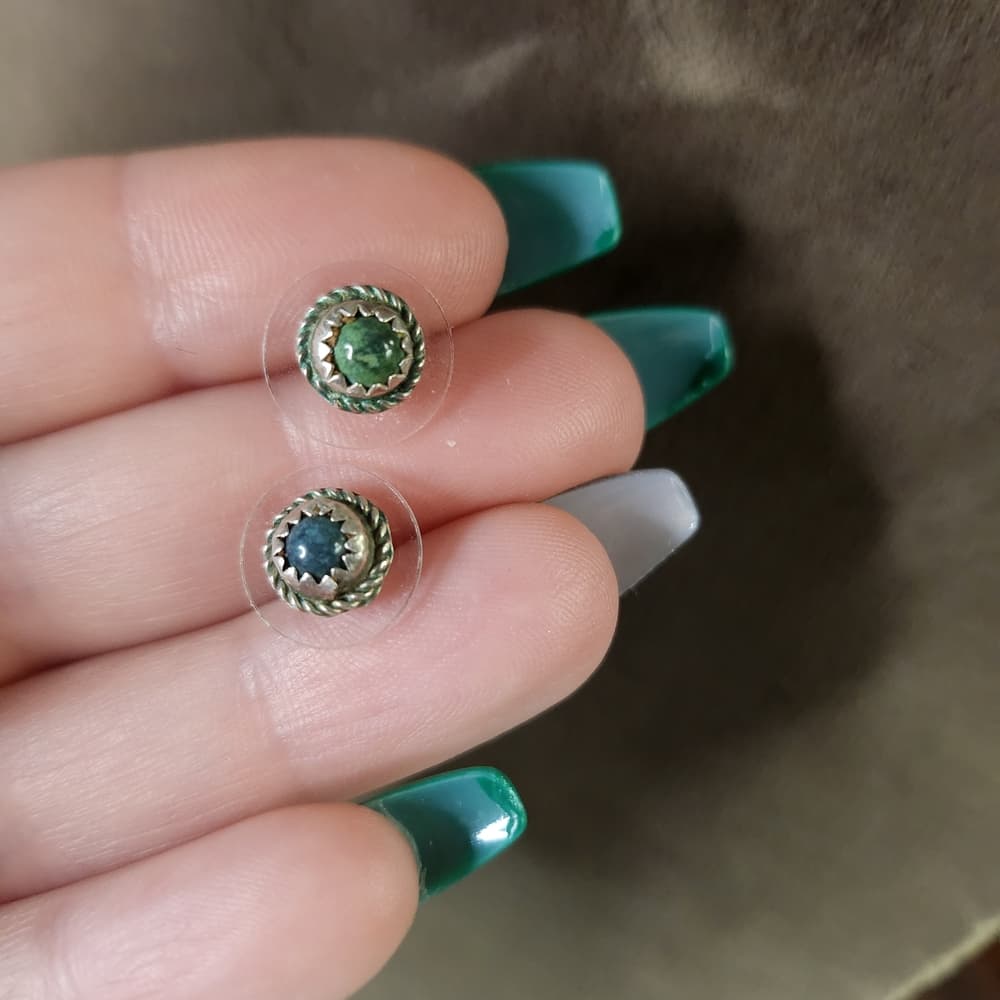 Vintage Sterling Silver Turquoise Green Blue Southwestern Rope Stud Earrings - Thumbnail 2