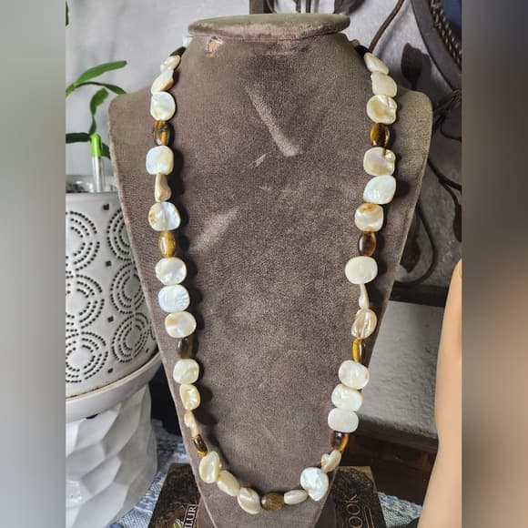 Creamy Shell & Tiger’s Eye Necklace | 925 Sterling Silver Clasp | Boho Luxe - Thumbnail 13