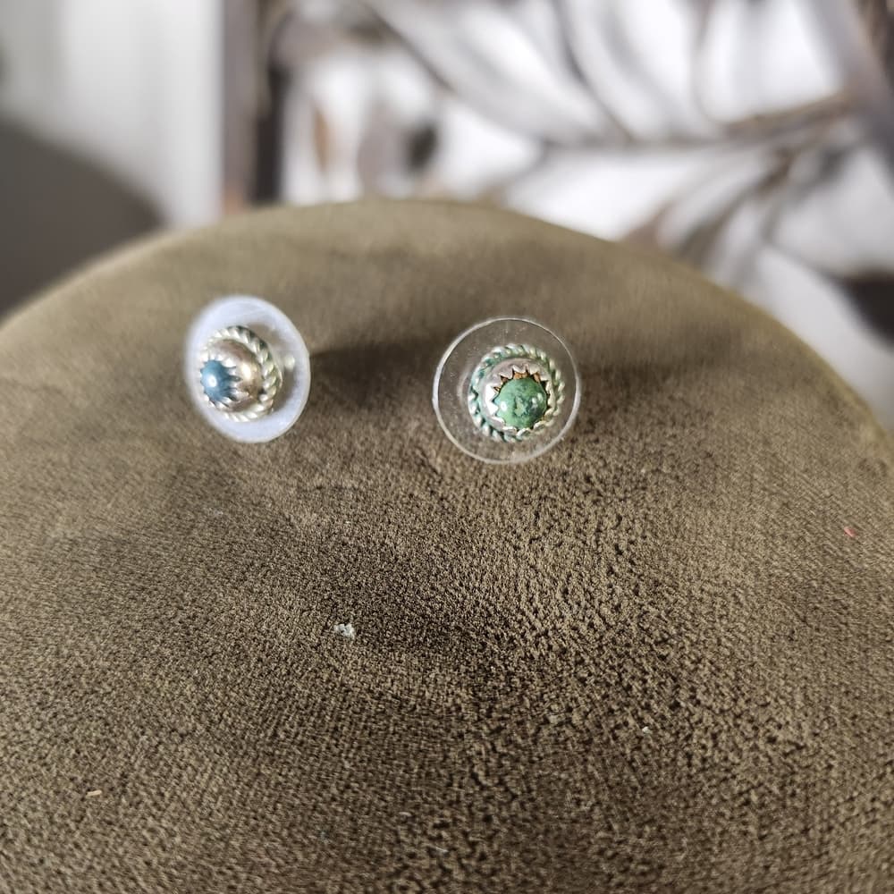 Vintage Sterling Silver Turquoise Green Blue Southwestern Rope Stud Earrings