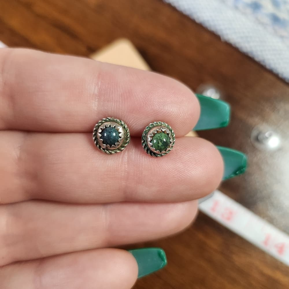 Vintage Sterling Silver Turquoise Green Blue Southwestern Rope Stud Earrings - Thumbnail 3