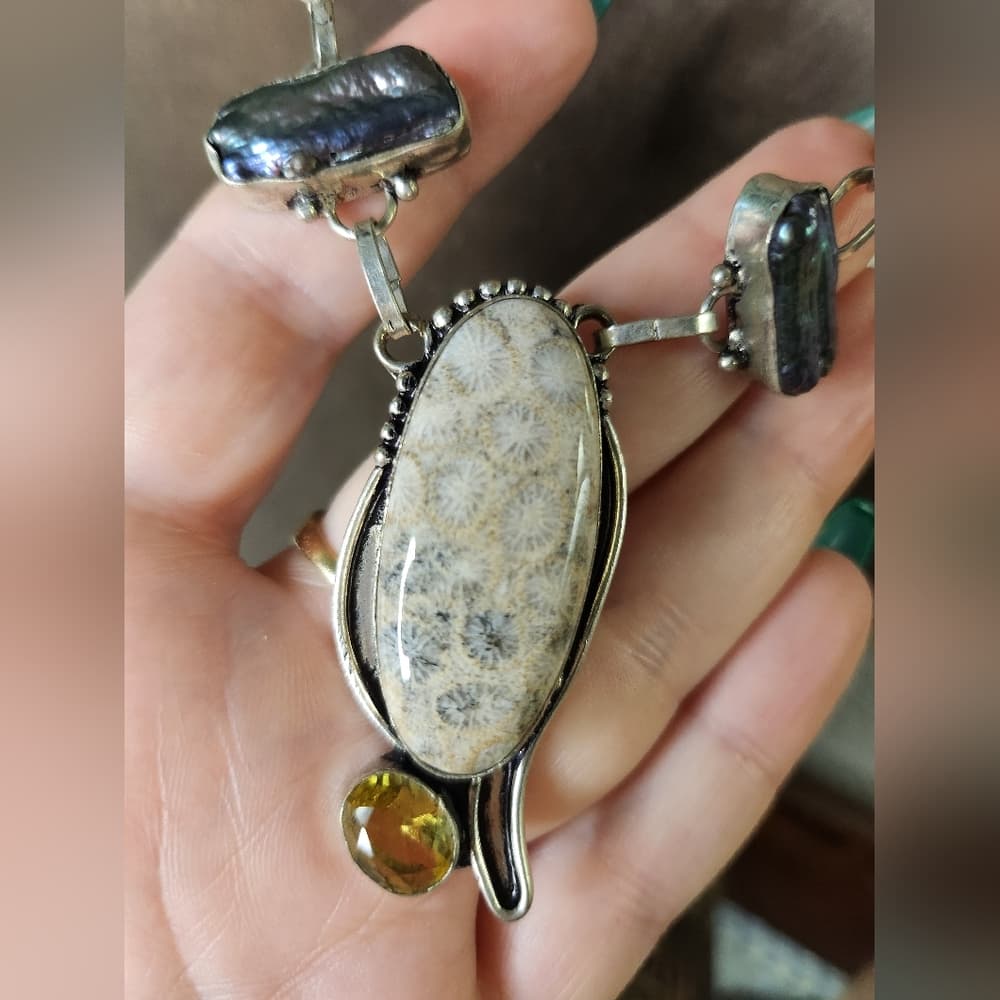 925 Sterling Silver Artisan Gemstone Statement Necklace Petoskey Stone Boho - Thumbnail 2