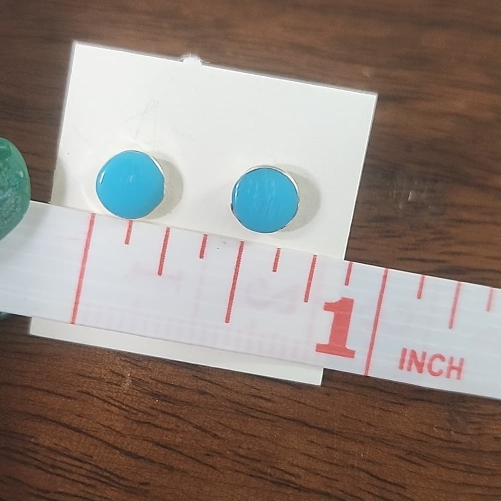 New Zuni Round Turquoise 925 Sterling Silver Stud Earrings Native Handmade - Thumbnail 8