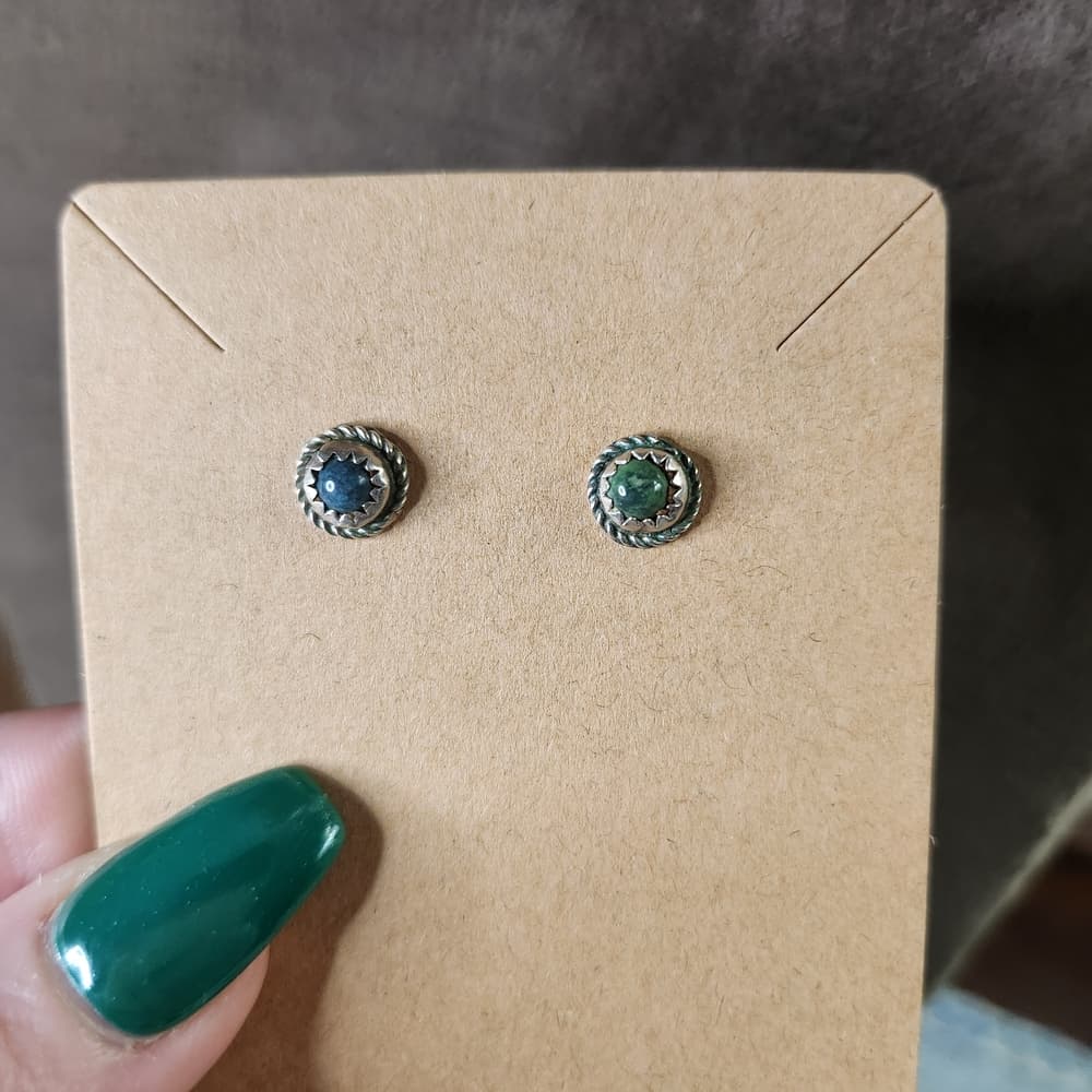Vintage Sterling Silver Turquoise Green Blue Southwestern Rope Stud Earrings - Thumbnail 8