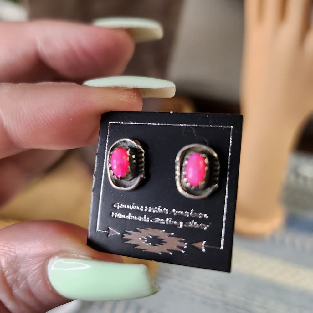 Sterling Silver Pink Aurora Opal Stud Earrings | Native | Handmade Southwestern - Thumbnail 6