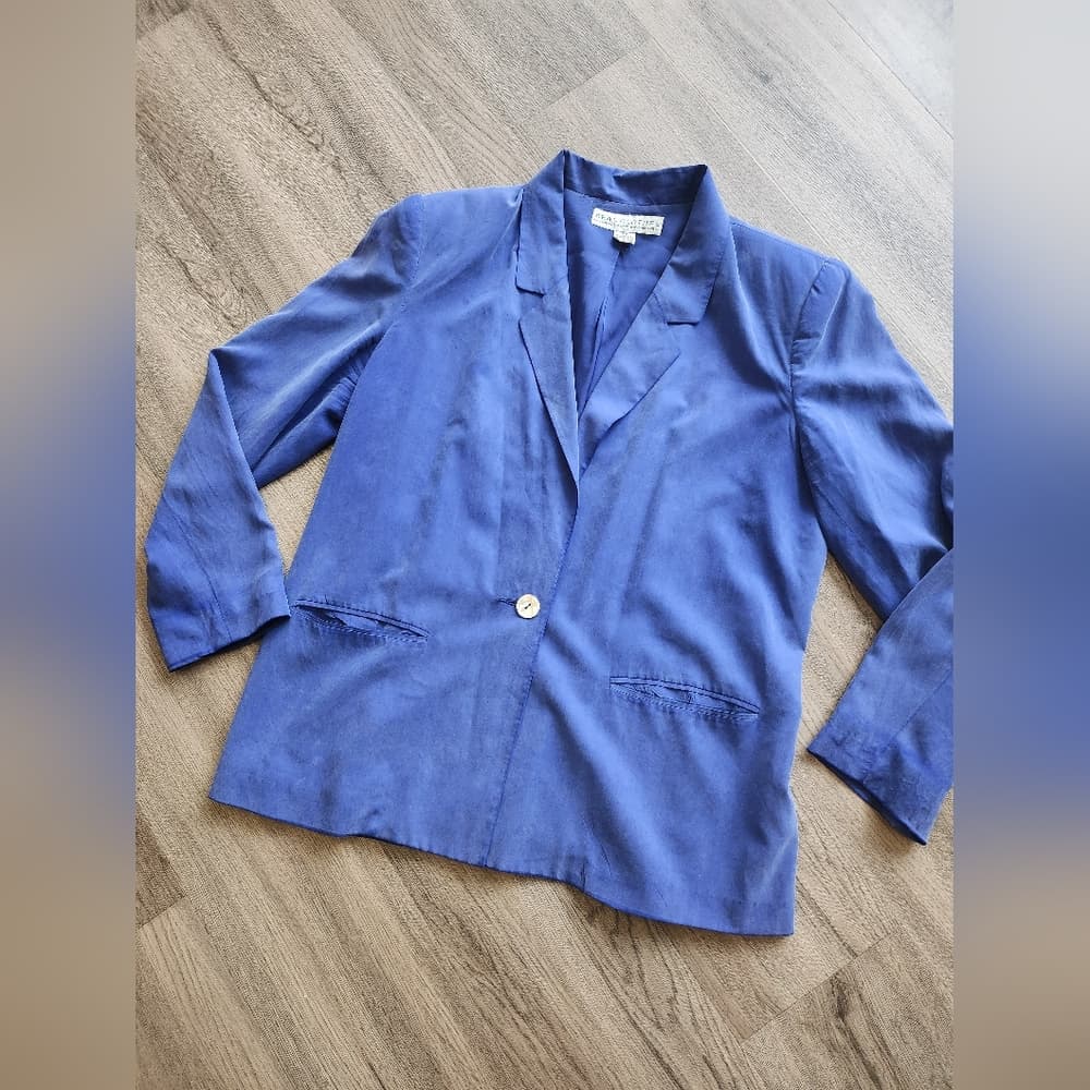Vintage Blue 100% Silk Blazer Real Clothes For Saks Fifth Avenue Exclusive - Thumbnail 13