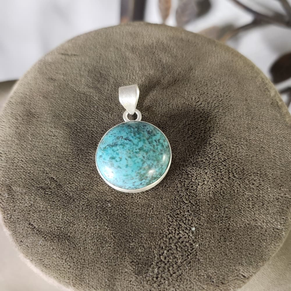 Sterling Silver Round Natural Turquoise Domed Pendant Minimalist Southwestern - Thumbnail 9
