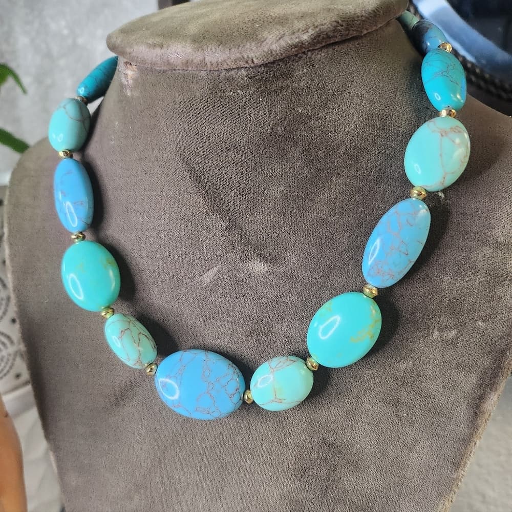 Ralph Lauren RLL Signed Chunky Turquoise + Gold Beaded Necklace Gold Tone Toggle - Thumbnail 10