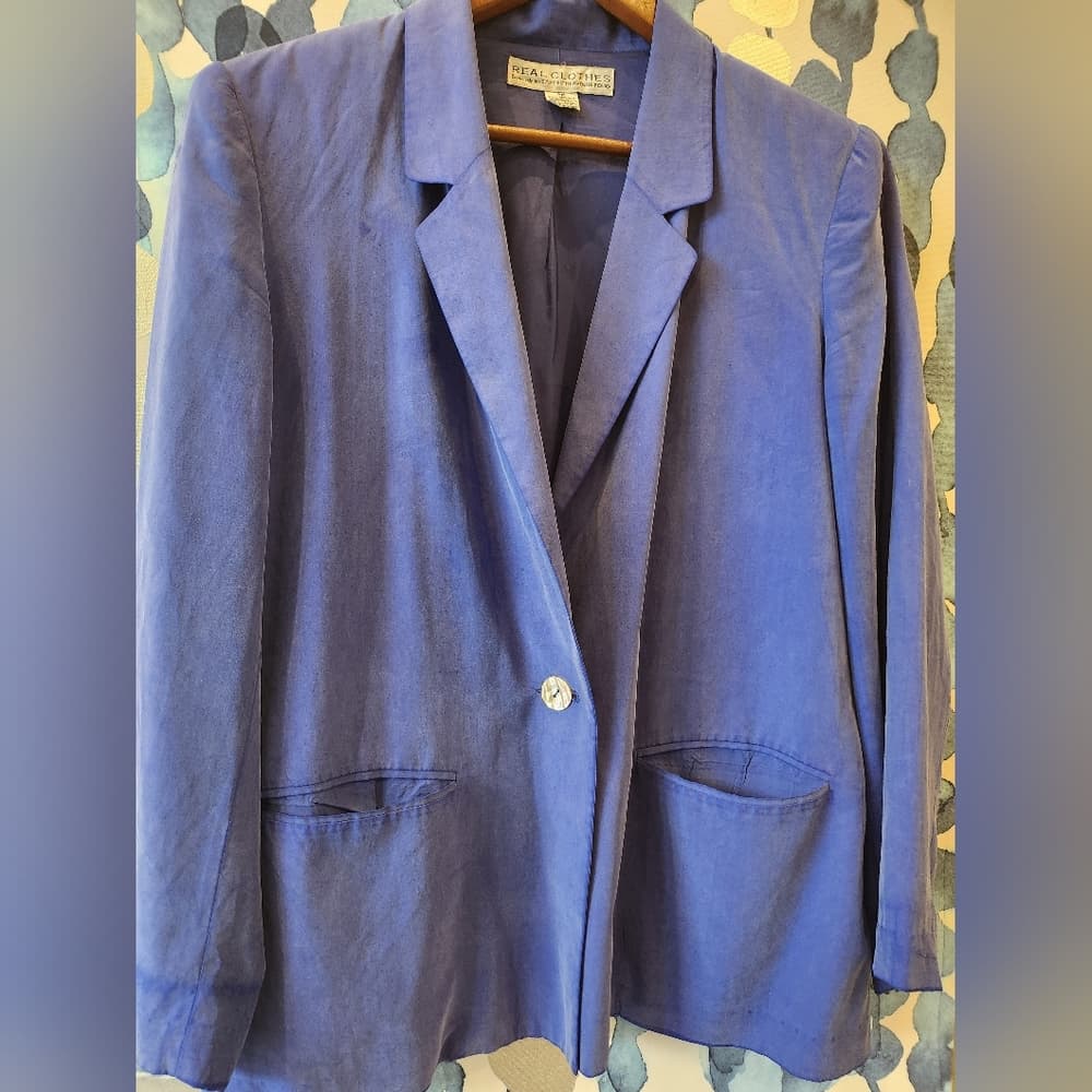 Vintage Blue 100% Silk Blazer Real Clothes For Saks Fifth Avenue Exclusive - Thumbnail 3