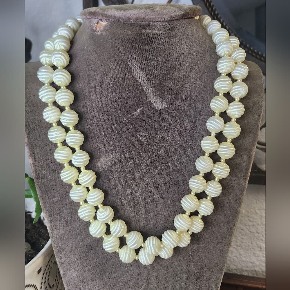 Vintage Cream Plastic Textured Beaded Double-Strand Necklace Marked Japan