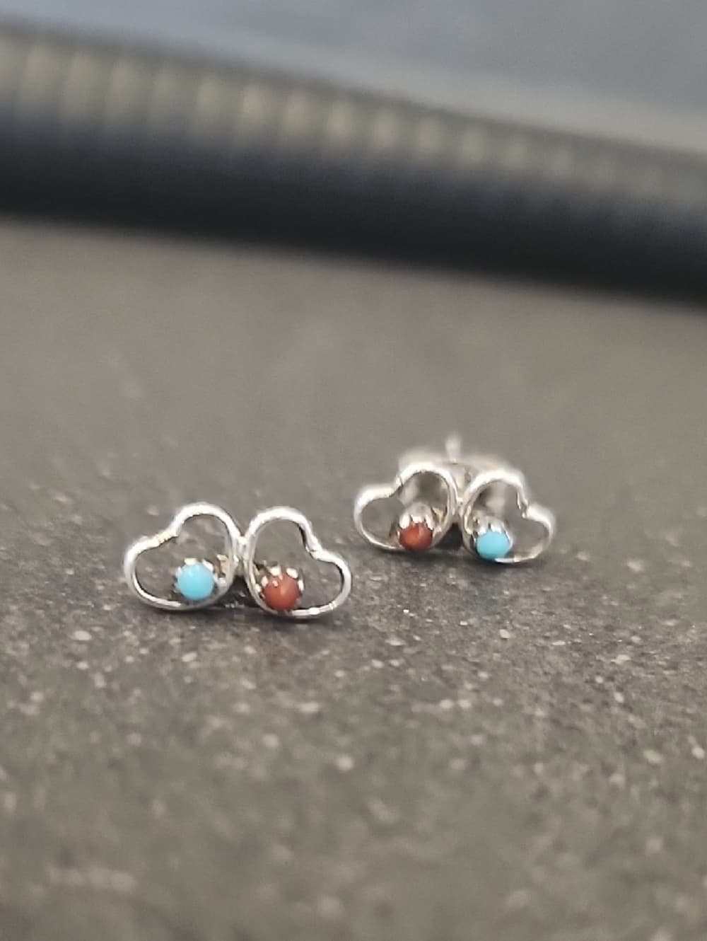 Dainty Sterling Silver Double Heart Stud Earrings with Turquoise and Red Coral - Thumbnail 5