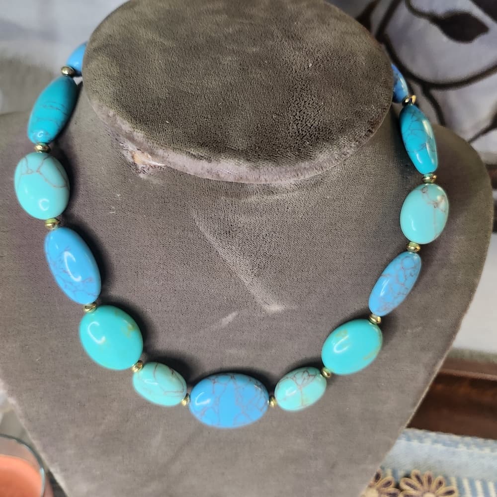Ralph Lauren RLL Signed Chunky Turquoise + Gold Beaded Necklace Gold Tone Toggle - Thumbnail 2