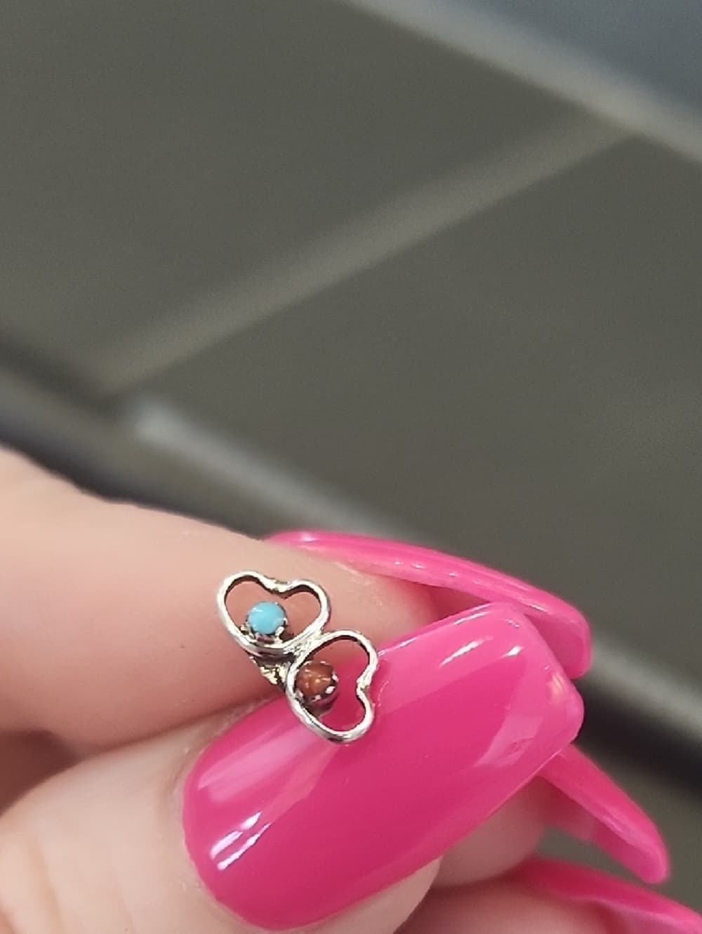 Dainty Sterling Silver Double Heart Stud Earrings with Turquoise and Red Coral - Thumbnail 4