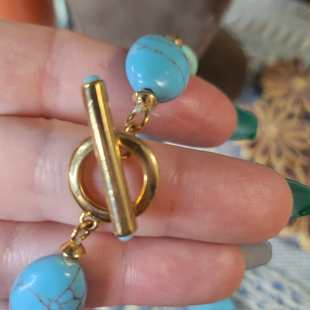 Ralph Lauren RLL Signed Chunky Turquoise + Gold Beaded Necklace Gold Tone Toggle - Thumbnail 4