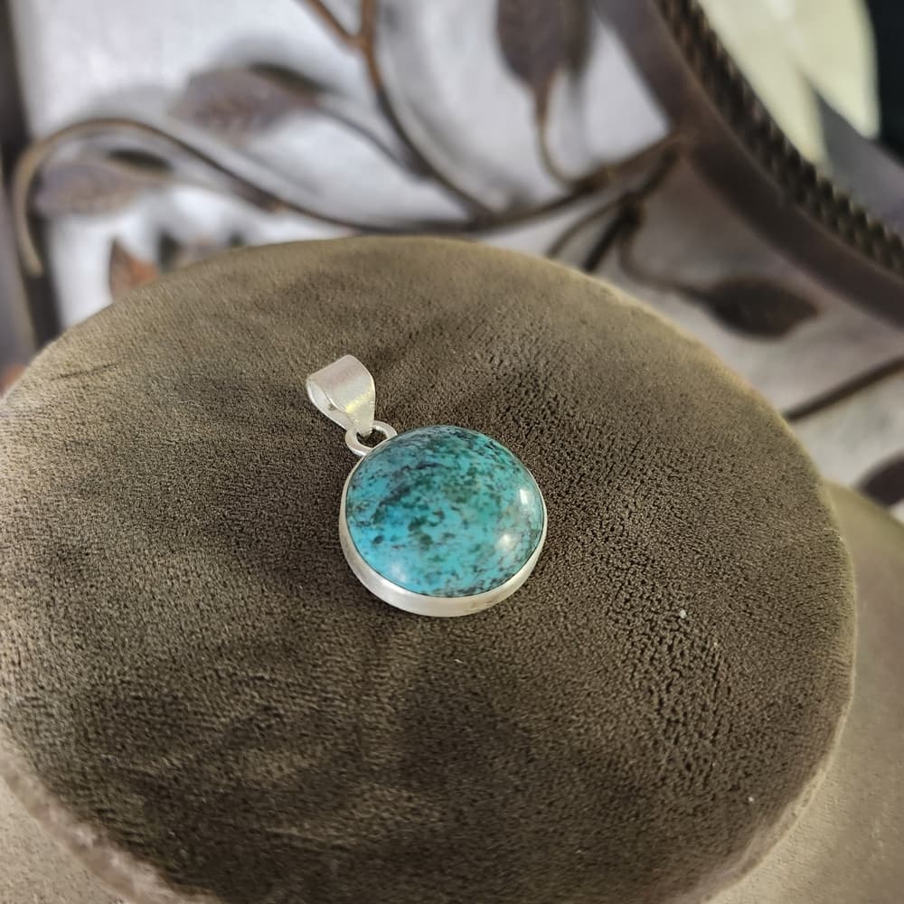 Sterling Silver Round Natural Turquoise Domed Pendant Minimalist Southwestern - Thumbnail 2
