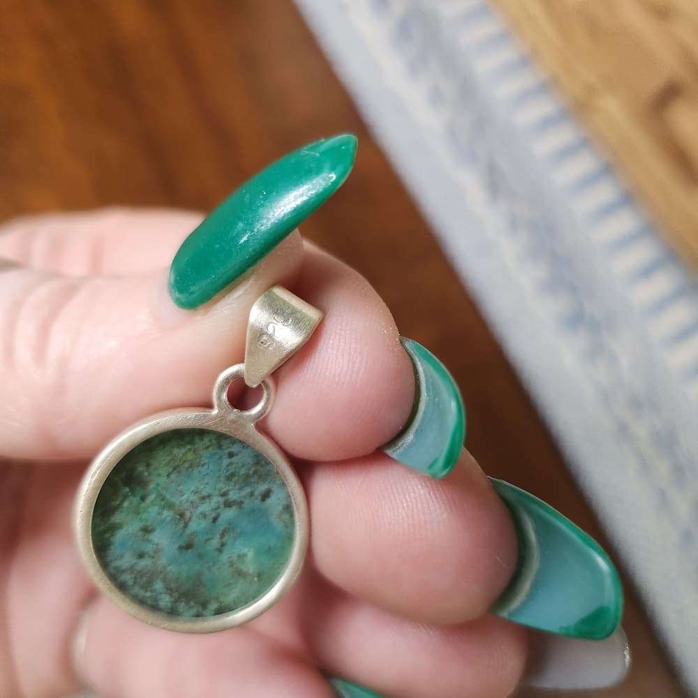 Sterling Silver Round Natural Turquoise Domed Pendant Minimalist Southwestern - Thumbnail 6