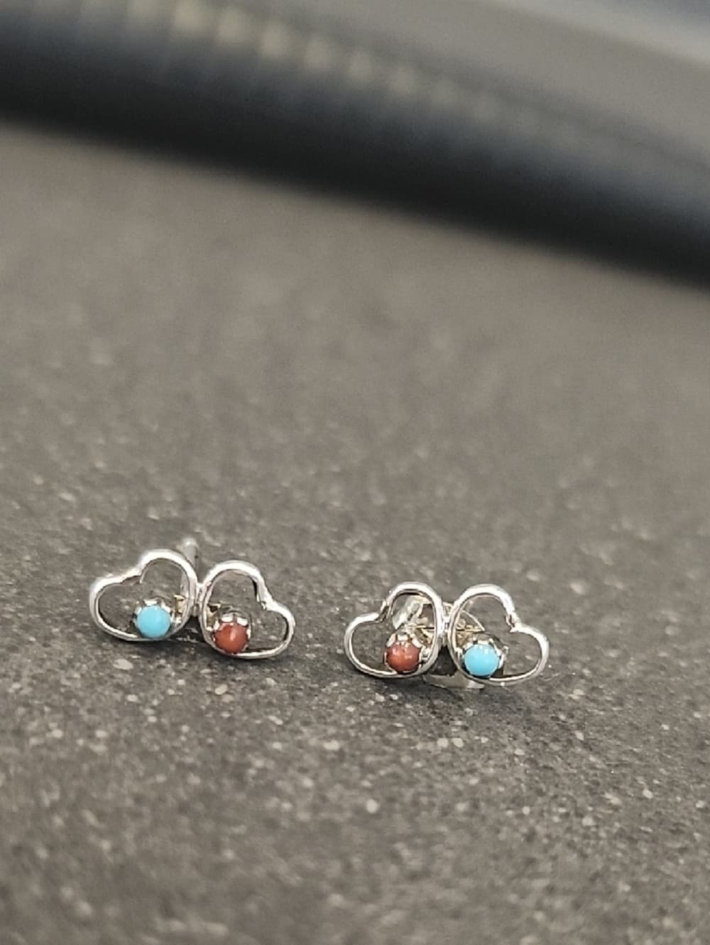 Dainty Sterling Silver Double Heart Stud Earrings with Turquoise and Red Coral - Thumbnail 2
