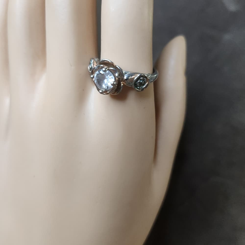 Silver Floral Halo Ring with Clear Center Stone - Women Jewelry