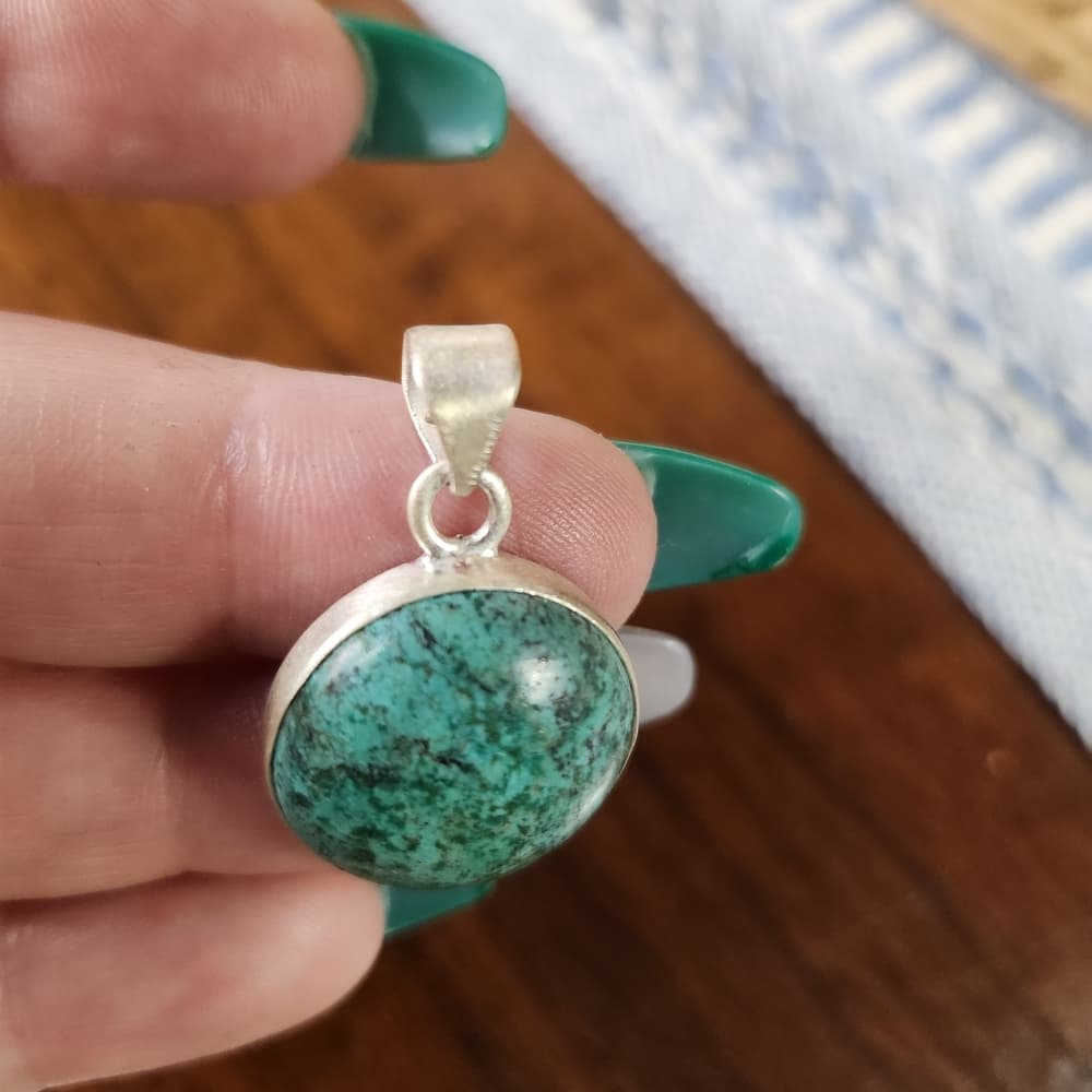 Sterling Silver Round Natural Turquoise Domed Pendant Minimalist Southwestern - Thumbnail 4