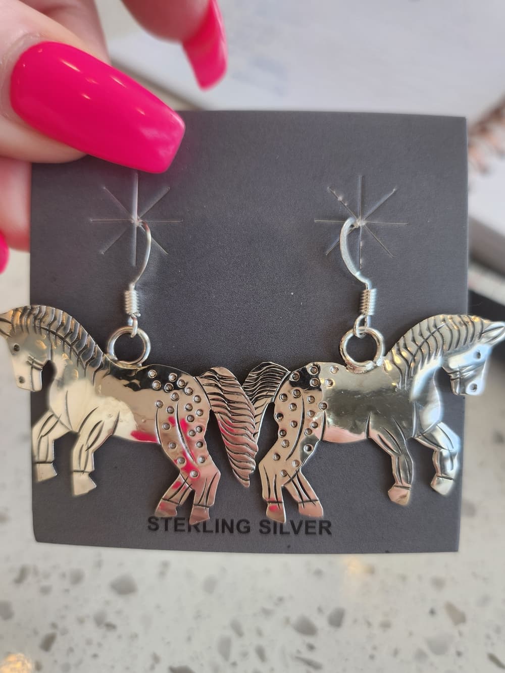 Native Handmade Signed Sterling Silver Horse Dangle Statement Earrings - Thumbnail 4