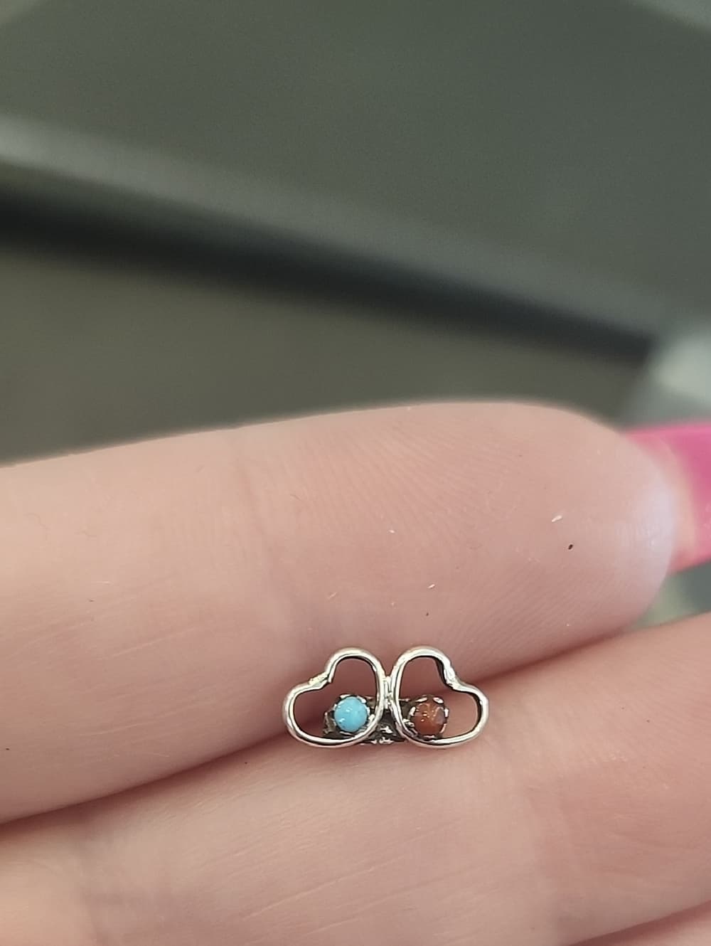Dainty Sterling Silver Double Heart Stud Earrings with Turquoise and Red Coral