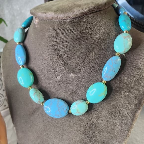 Ralph Lauren RLL Signed Chunky Turquoise + Gold Beaded Necklace Gold Tone Toggle - Thumbnail 11