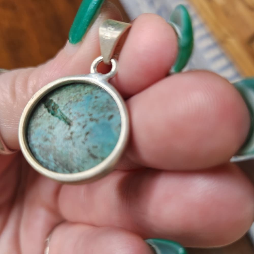 Sterling Silver Round Natural Turquoise Domed Pendant Minimalist Southwestern - Thumbnail 7