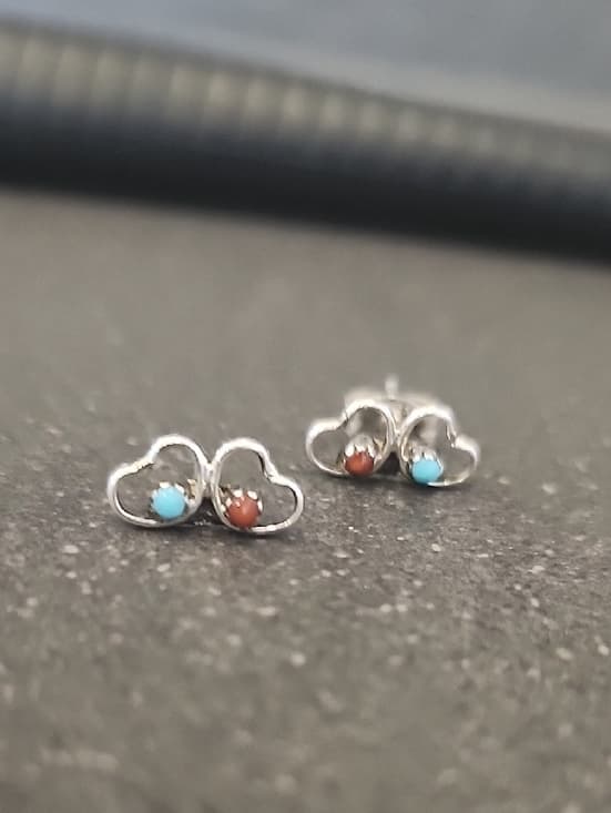 Dainty Sterling Silver Double Heart Stud Earrings with Turquoise and Red Coral - Thumbnail 6