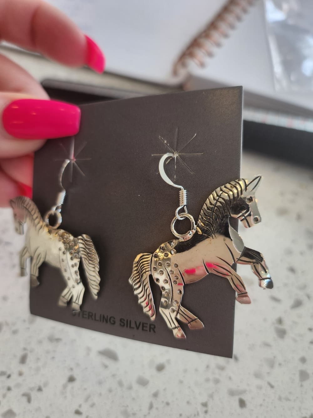 Native Handmade Signed Sterling Silver Horse Dangle Statement Earrings - Thumbnail 2