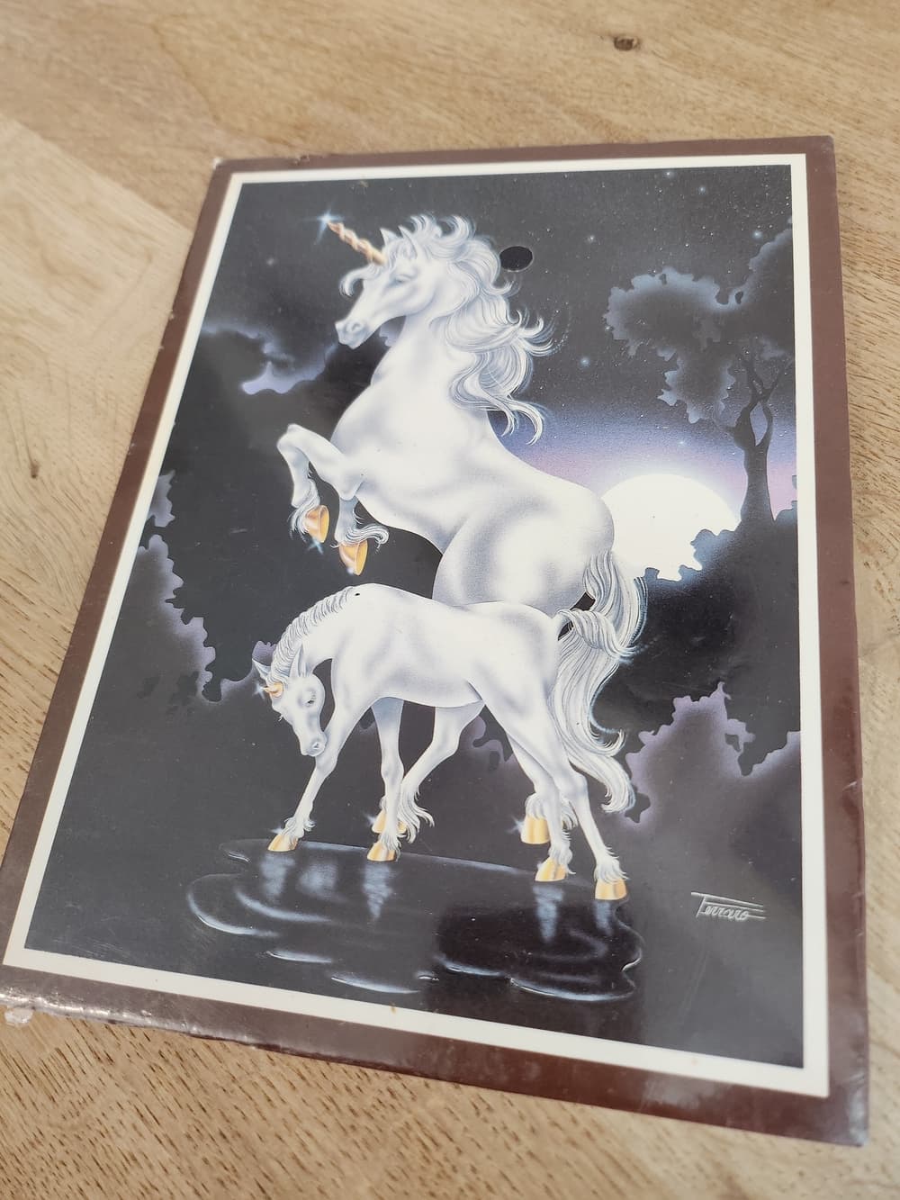 Vintage 1986 White Unicorn Artwork Print with Moonlit Scene - Thumbnail 4