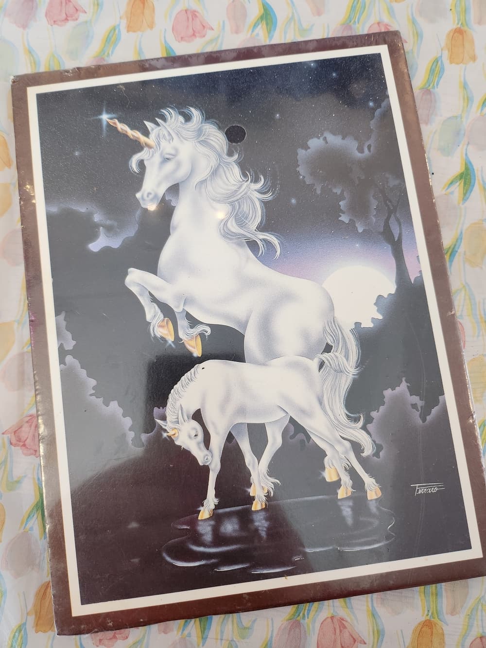 Vintage 1986 White Unicorn Artwork Print with Moonlit Scene - Thumbnail 2