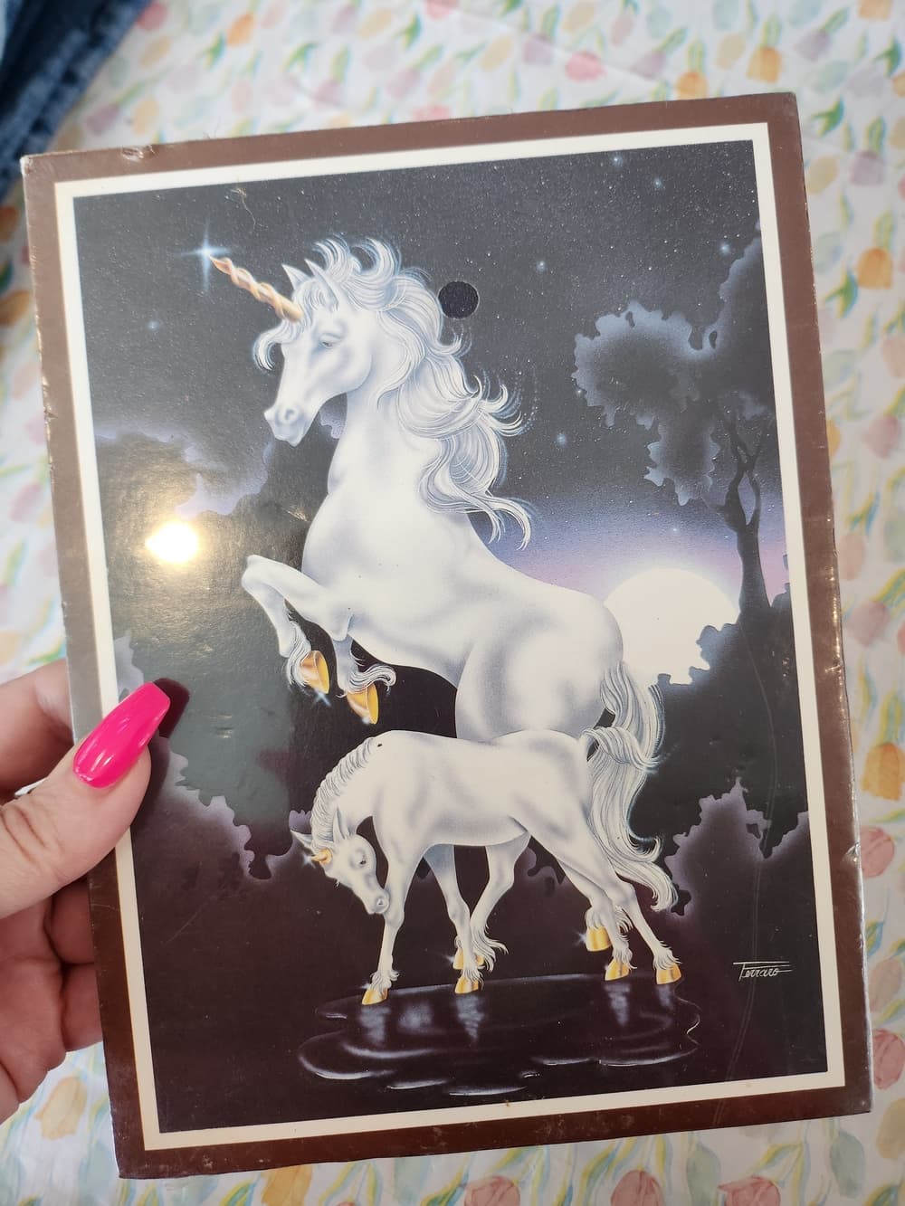 Vintage 1986 White Unicorn Artwork Print with Moonlit Scene - Thumbnail 3
