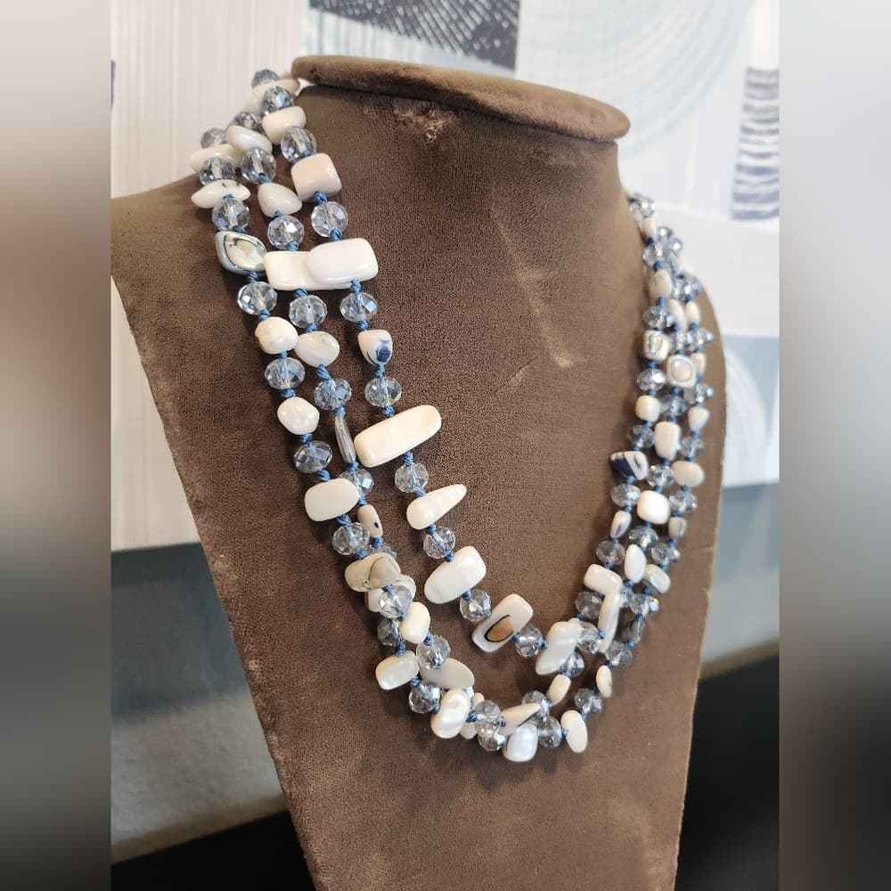 Sparkly White Mother Of Pearl And Abalone and Blue Crystal Beaded Necklace