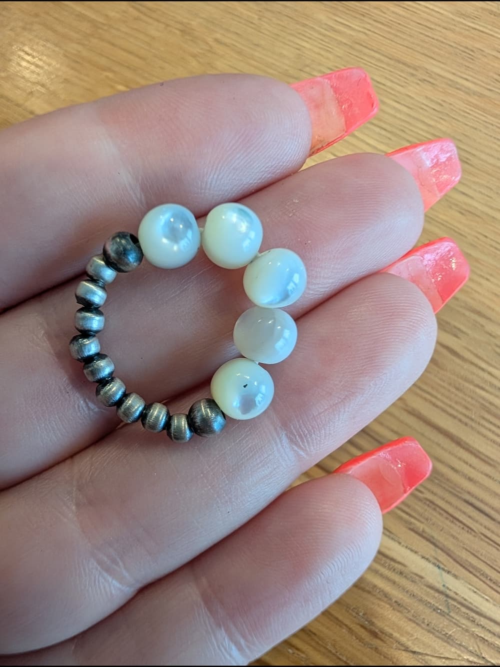 White Mother Of Pearl Stretch Ring with Desert Pearl Sterling Silver Beads - Thumbnail 6