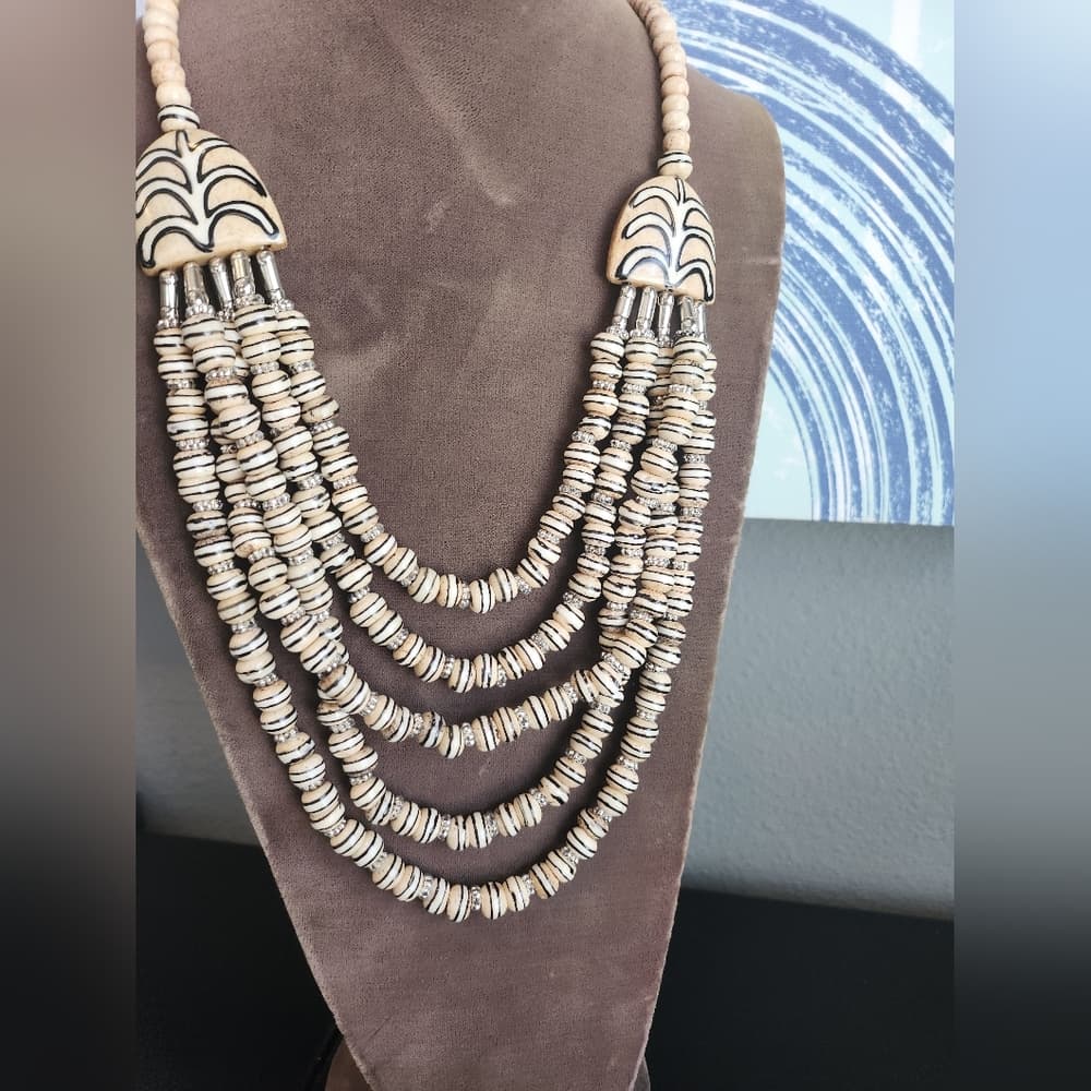 Multi-Strand Beaded Necklace With Hand Painted Bone - Thumbnail 8