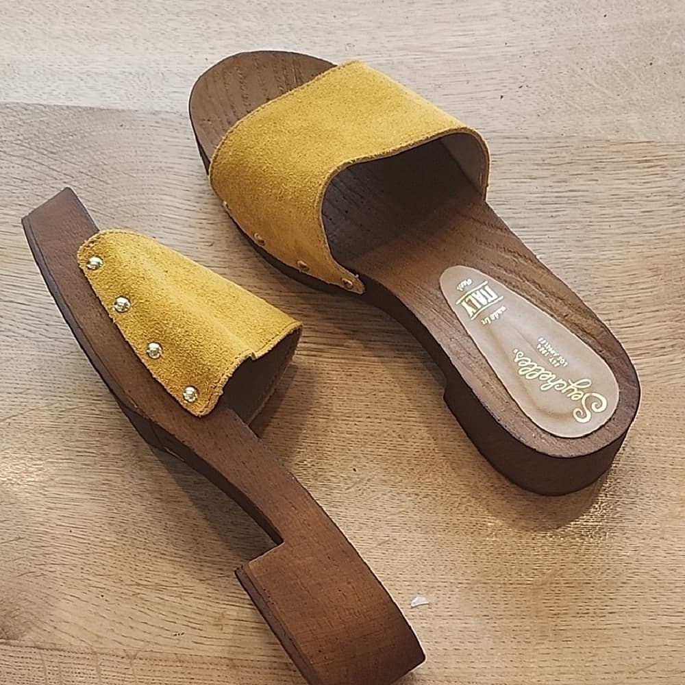 Seychelles Mustard Yellow Suede Slide Mules Studded Wood Made In Italy - Thumbnail 10