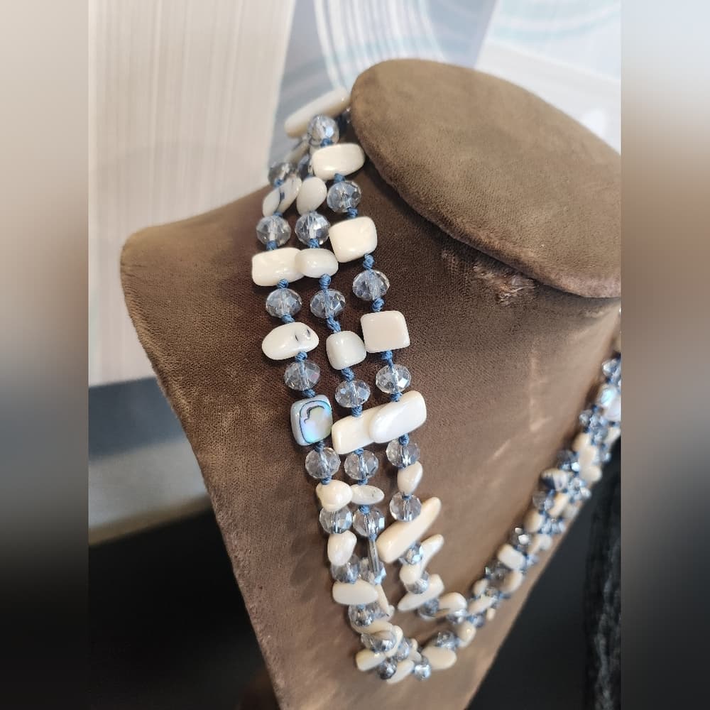 Sparkly White Mother Of Pearl And Abalone and Blue Crystal Beaded Necklace - Thumbnail 2