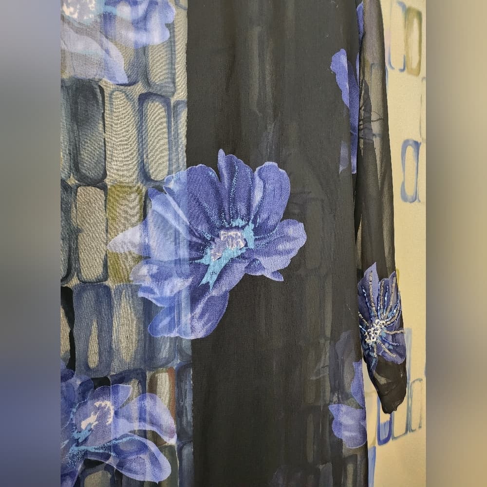 Vintage Midnight Velvet Elegant Black and Blue Silk Beaded Floral Sheer Robe - Thumbnail 7