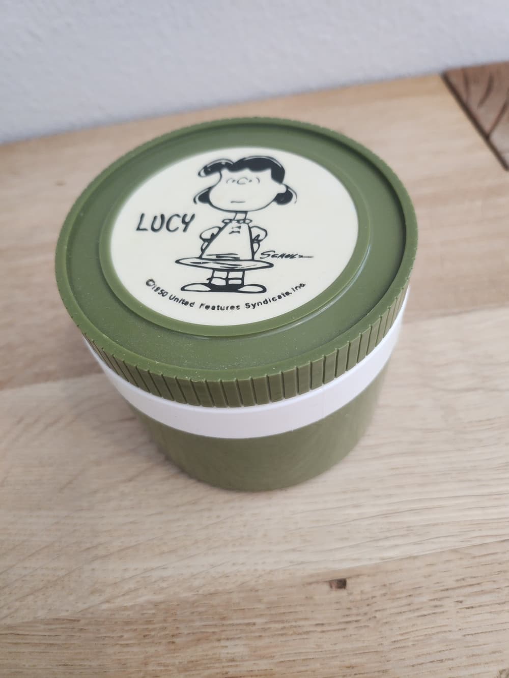 Vintage Lucy Peanuts Olive Green Round Container 1950 Hot Cold Thermous - Thumbnail 6