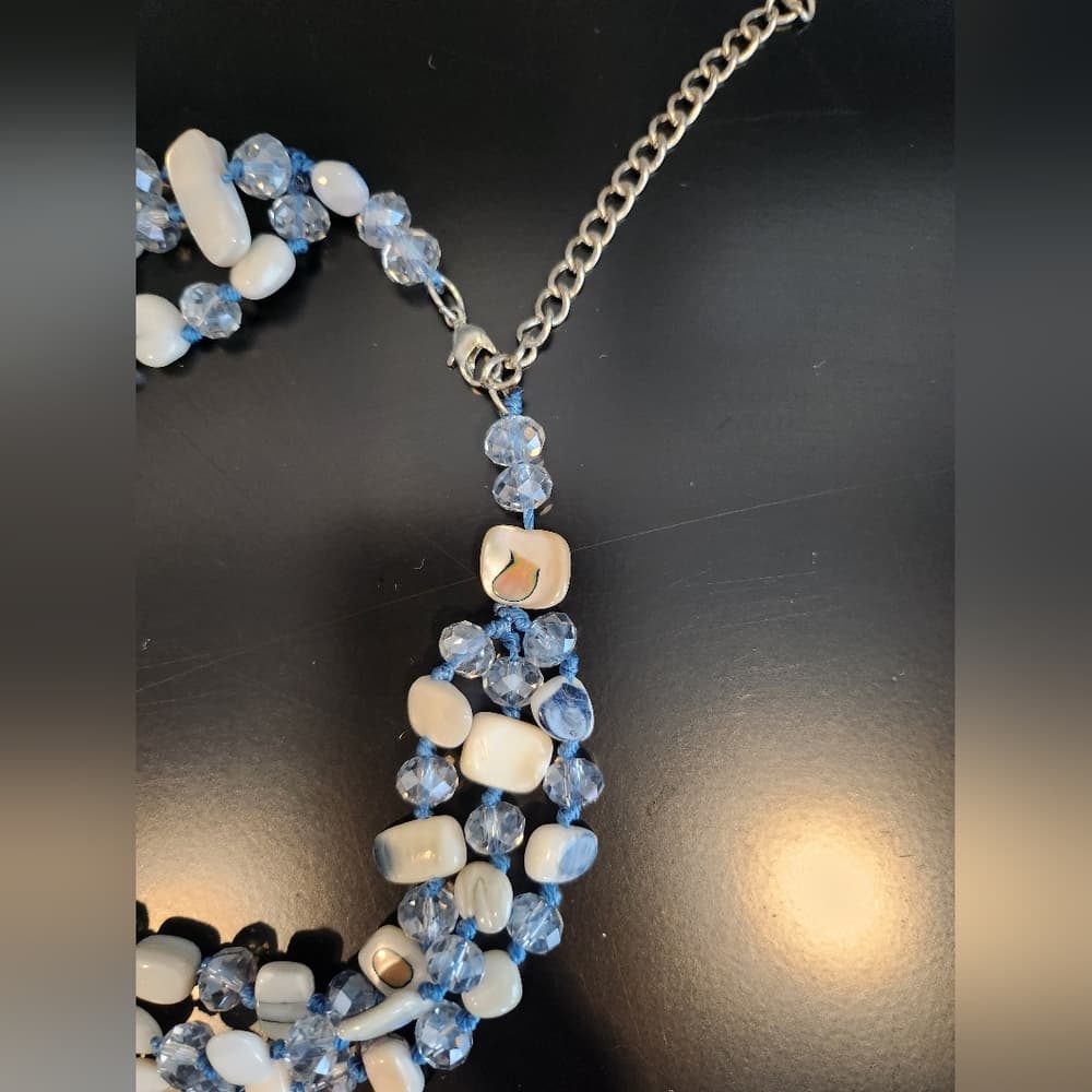 Sparkly White Mother Of Pearl And Abalone and Blue Crystal Beaded Necklace - Thumbnail 5