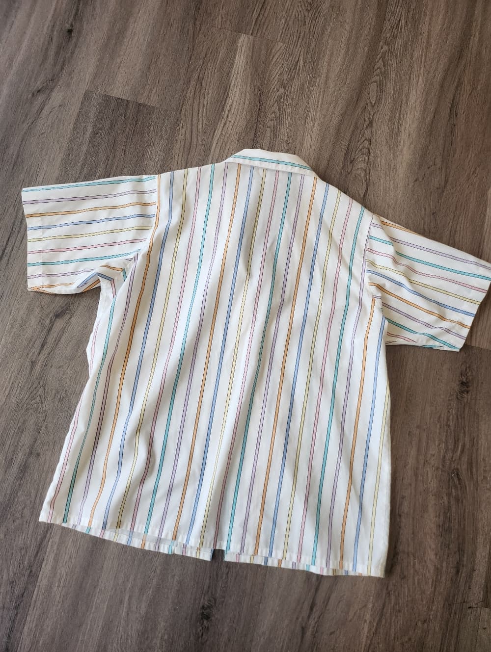 Vintage 90s Women's White Short-Sleeve Button Front Blouse Multi-Pastel Stripes - Thumbnail 9