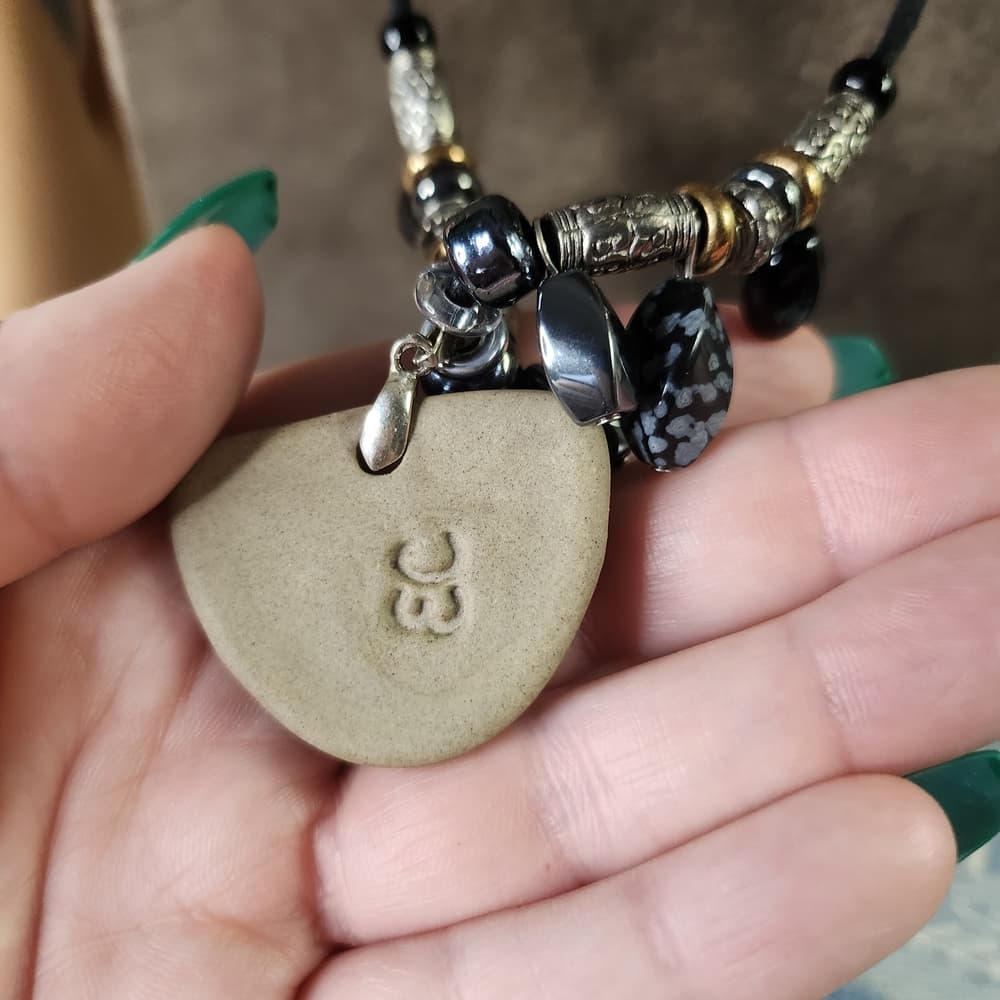 Hand Made Artisan Clay Pendant And Snowflake Obsidian Necklace - Thumbnail 4