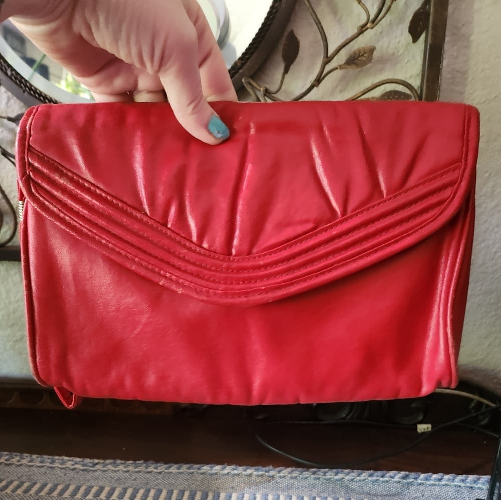 1980s Vibrant Red Leather Clutch Bag - Thumbnail 9