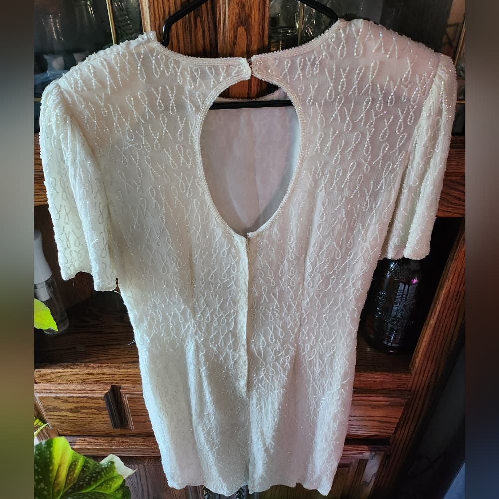 Silky Nites White Ivory Silk Fully Beaded 1980s Formal Dress - Thumbnail 10