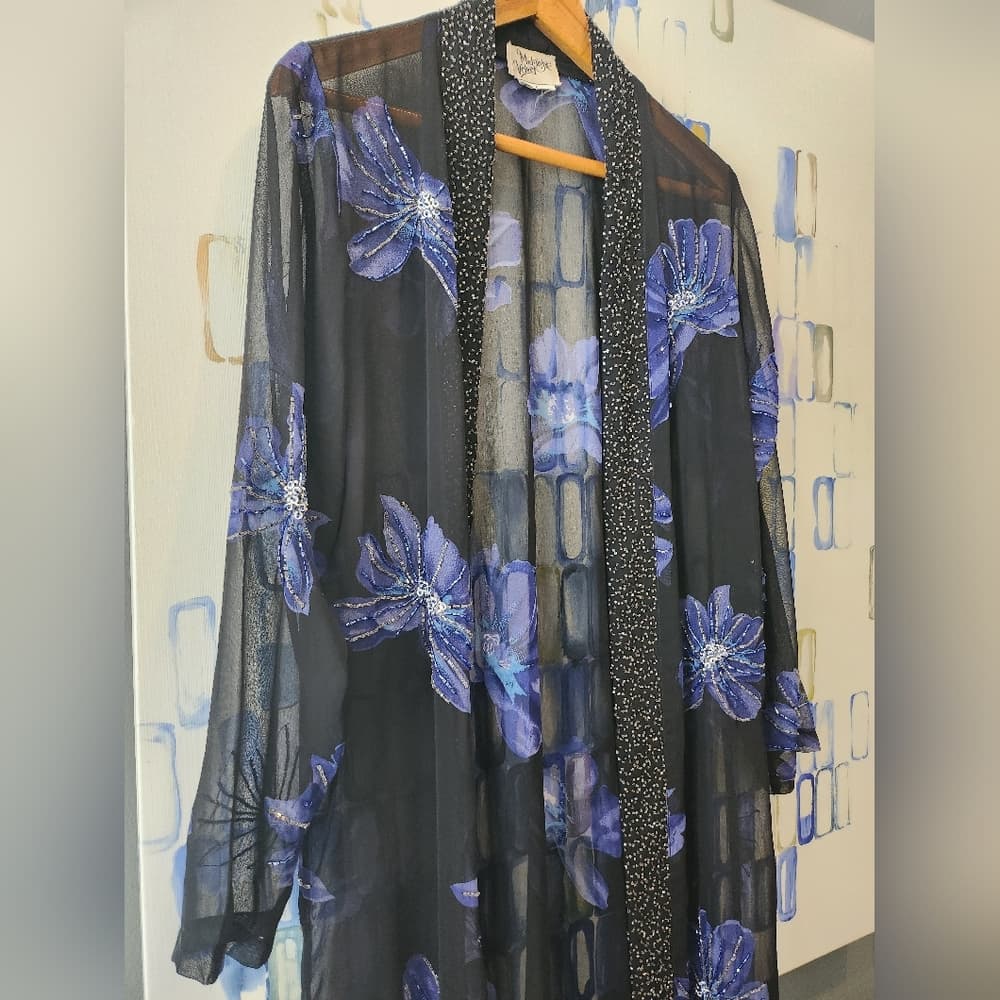 Vintage Midnight Velvet Elegant Black and Blue Silk Beaded Floral Sheer Robe